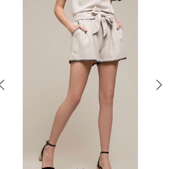 Moon River Pleat Blanket Stitch Short Paper Bag Shorts. Brown Pinstripes, Medium - Picture 1 of 16